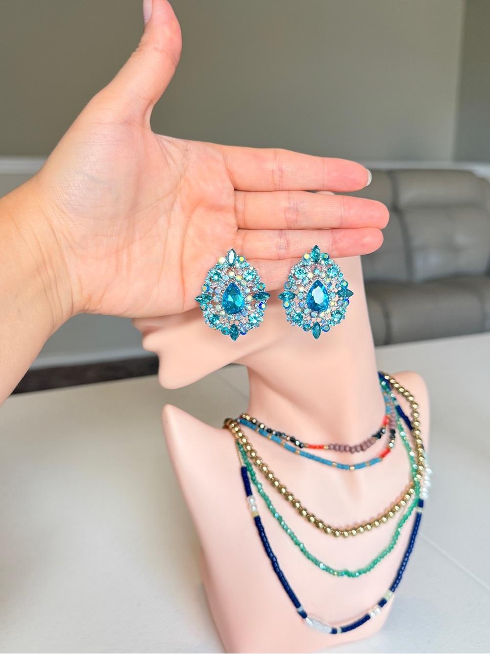 Crystal Teardrop Cluster Earrings in Aqua Blue - Picture 8 of 10